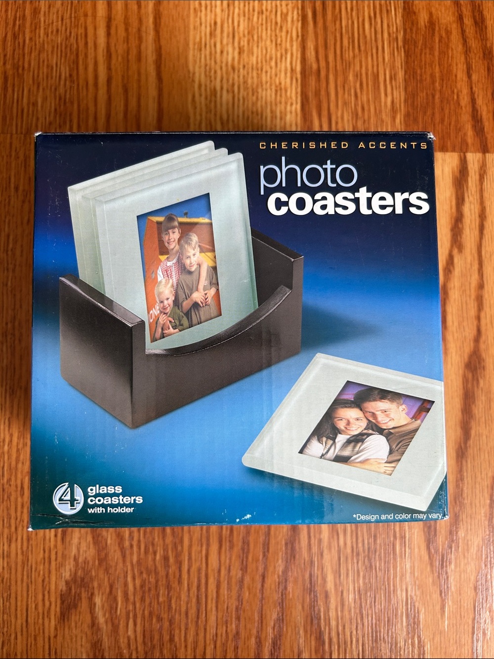 Brand New in Box Cherished Accents Glass Photo Coasters Set of 4 with Holder